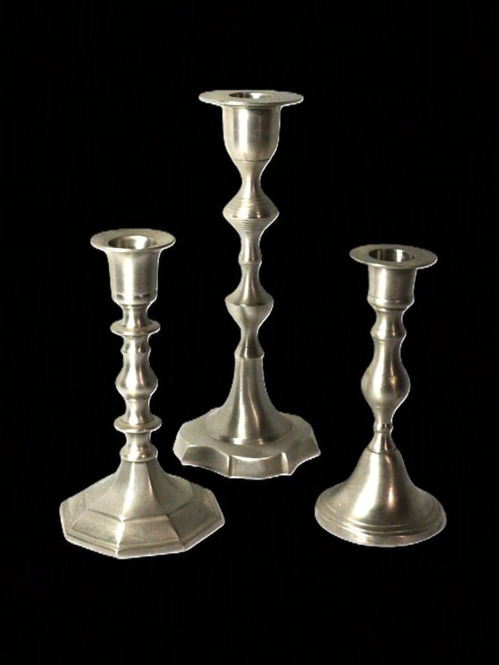Set Of 3 Pewter Like Candlesticks Geometric Design Home Decor